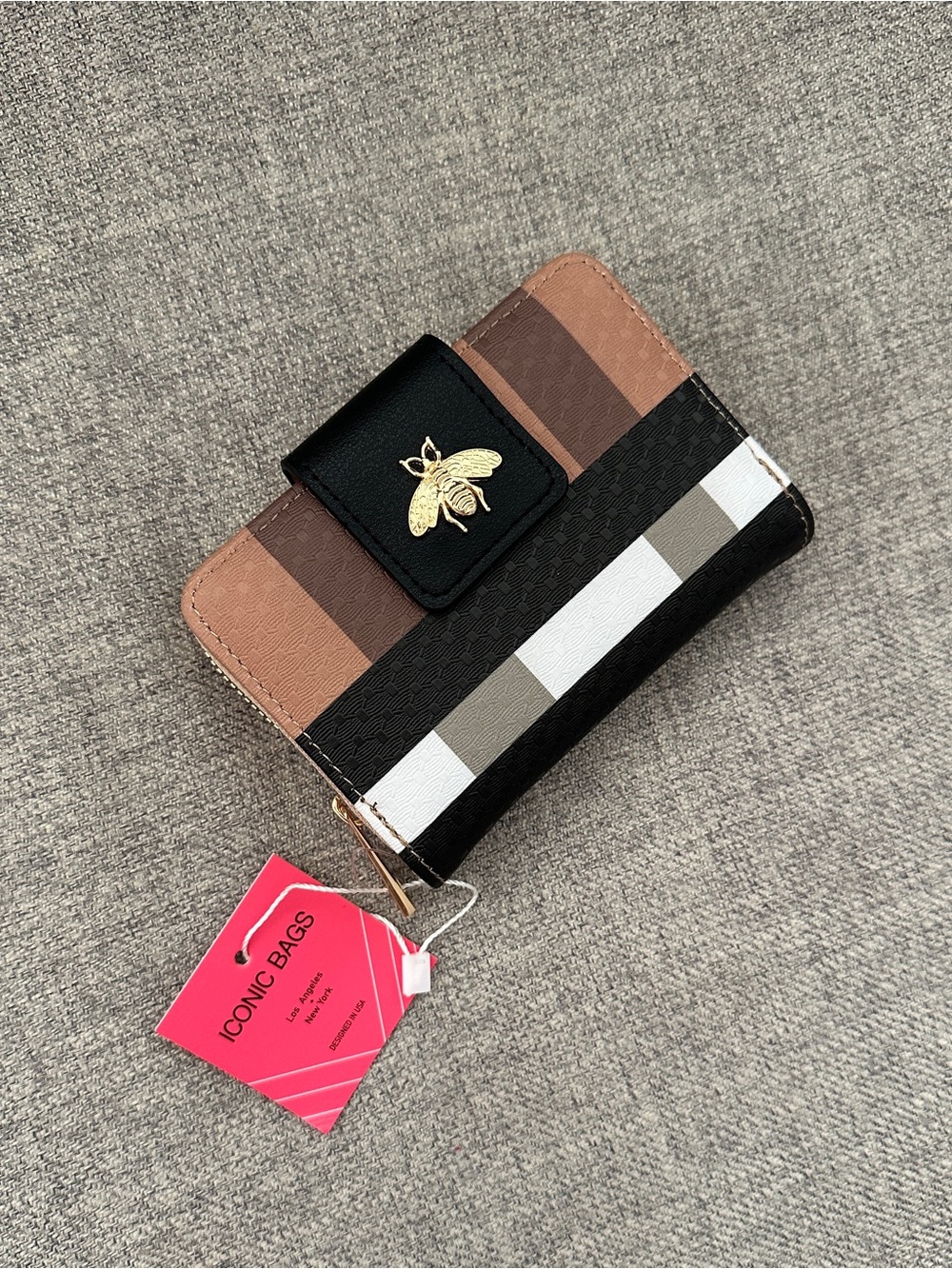 ICONIC BAGS Women's Striped Bee Accent Wallet - Black & Brown